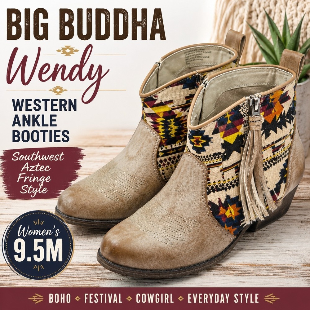 Big Buddha Wendy Women's 9.5M Southwest Aztec Fringe Western Ankle Booties‎ Tan